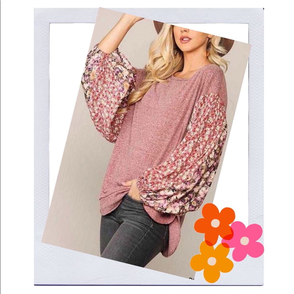 Pink Long Sleeved Top with Floral Sleeves